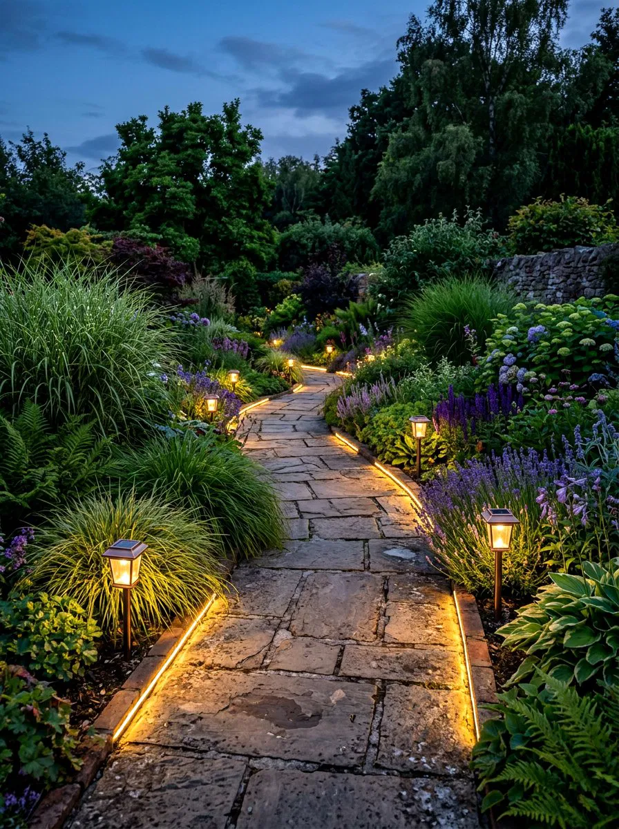 Camino de jardín al anochecer con luces de suelo cálidas entre parterres