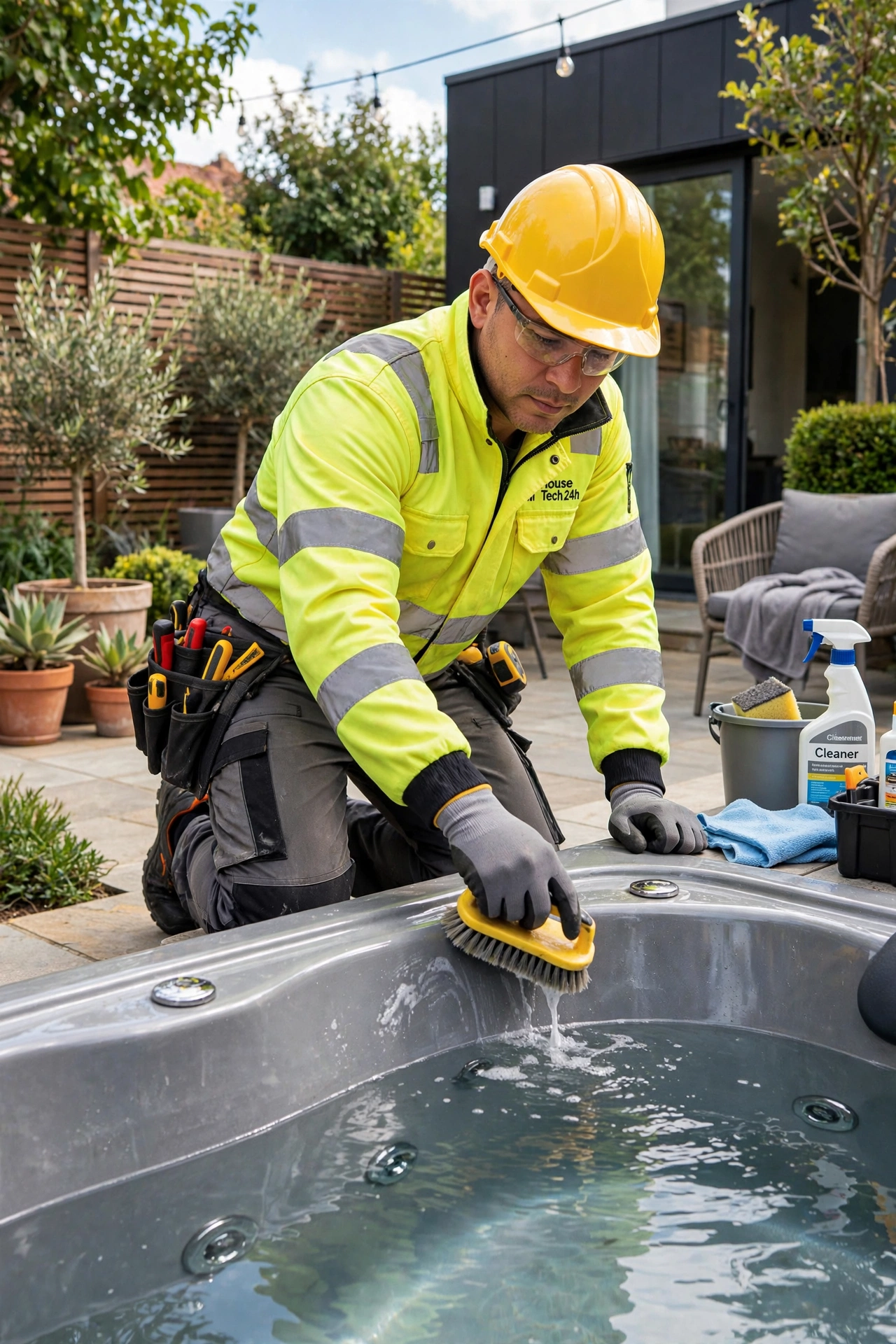 Técnico de House Tech 24h con chaqueta amarilla reflectante y casco amarillo limpiando y revisando un jacuzzi en un jardín