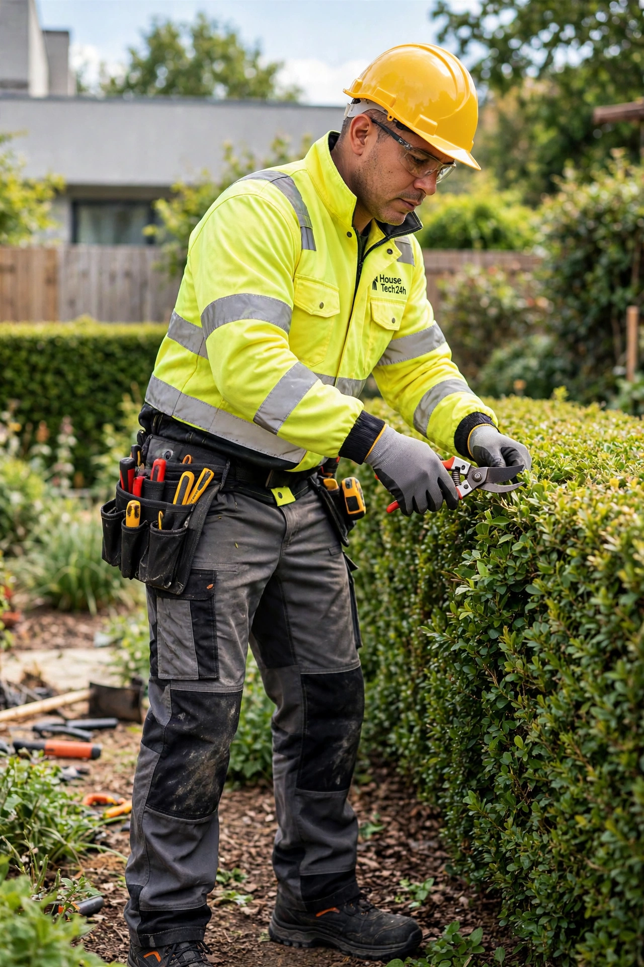 Técnico de House Tech 24h con chaqueta amarilla reflectante y casco amarillo recortando un seto con tijeras de podar en un jardín