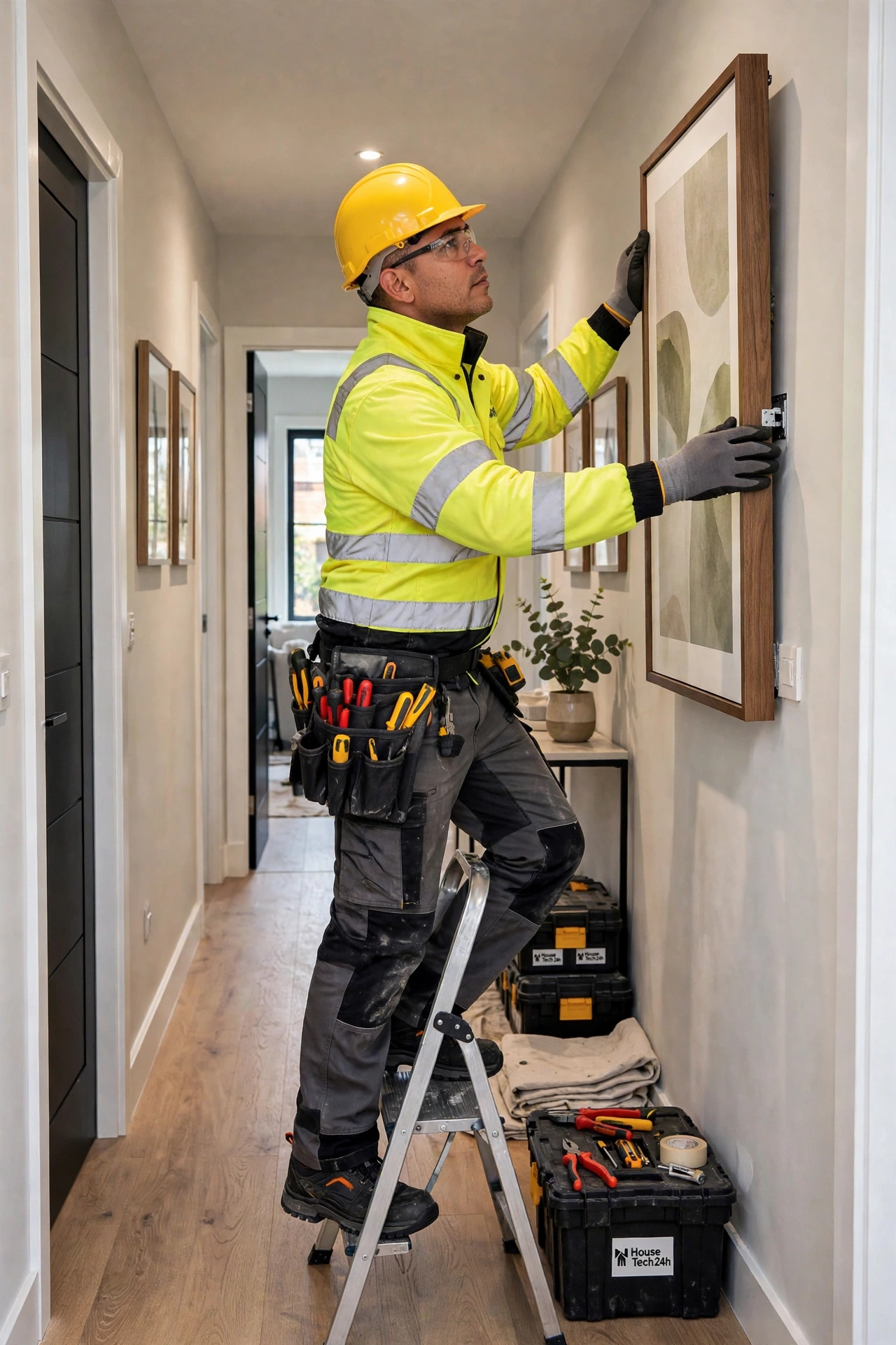 Técnico de House Tech 24h con chaqueta amarilla reflectante y casco amarillo colgando un cuadro en la pared de un pasillo