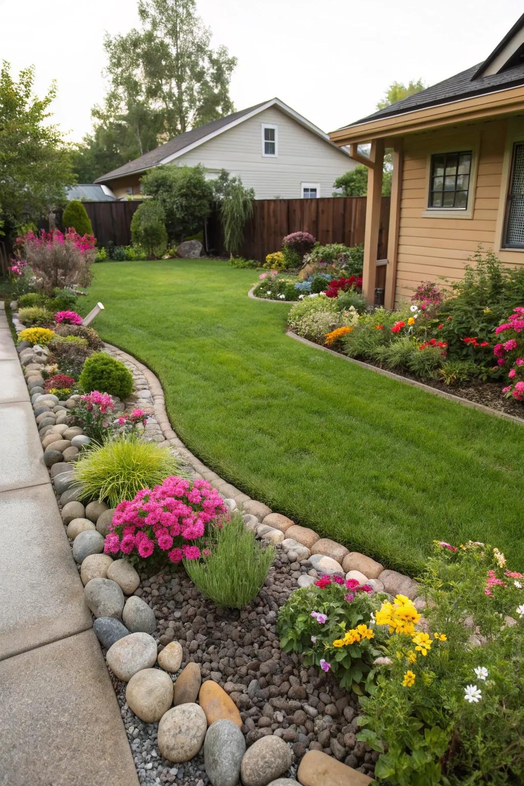 Jardín residencial con césped cuidado y parterres de flores de colores