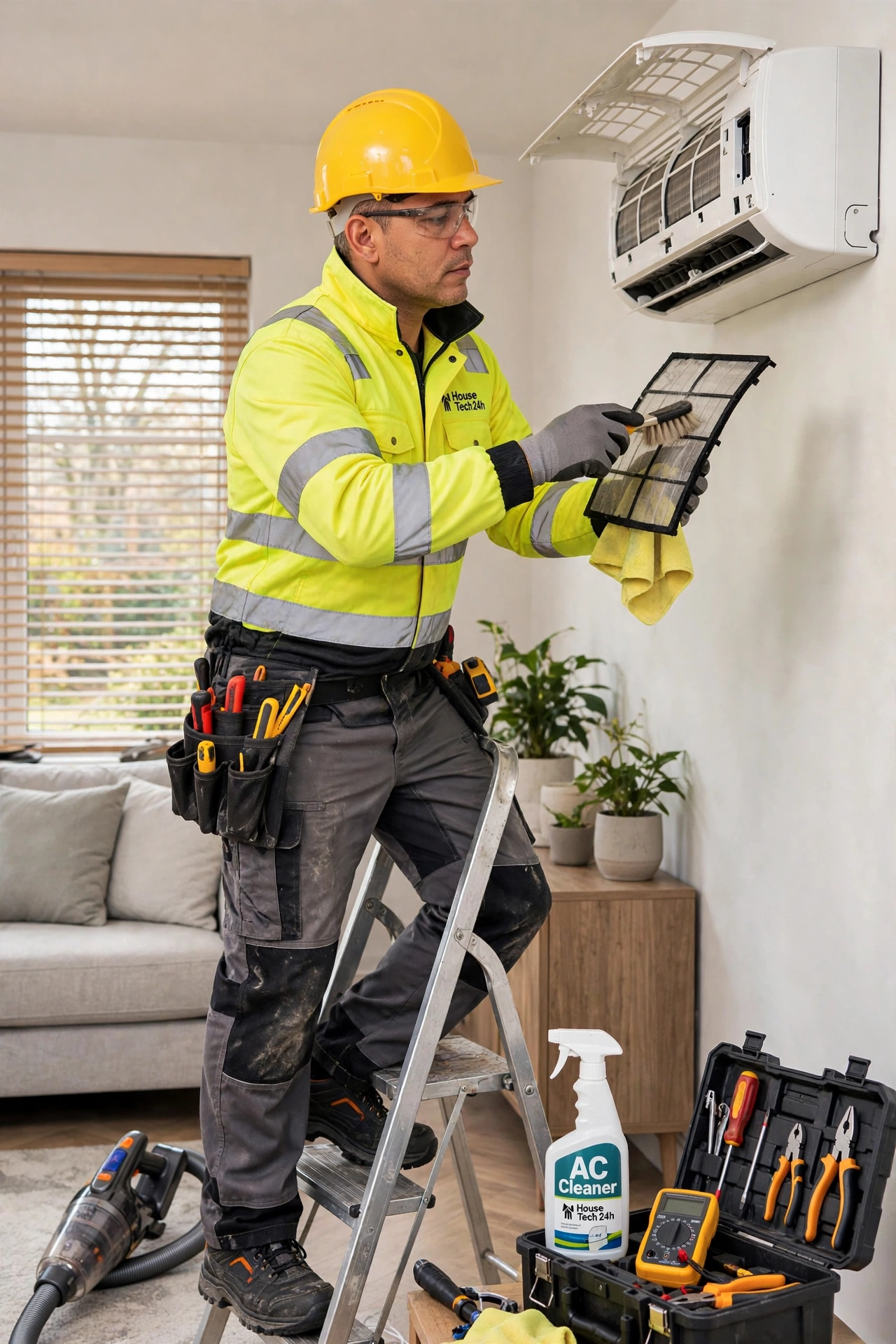 Técnico de House Tech 24h con chaqueta amarilla reflectante y casco amarillo limpiando y revisando un aparato de aire acondicionado en una vivienda