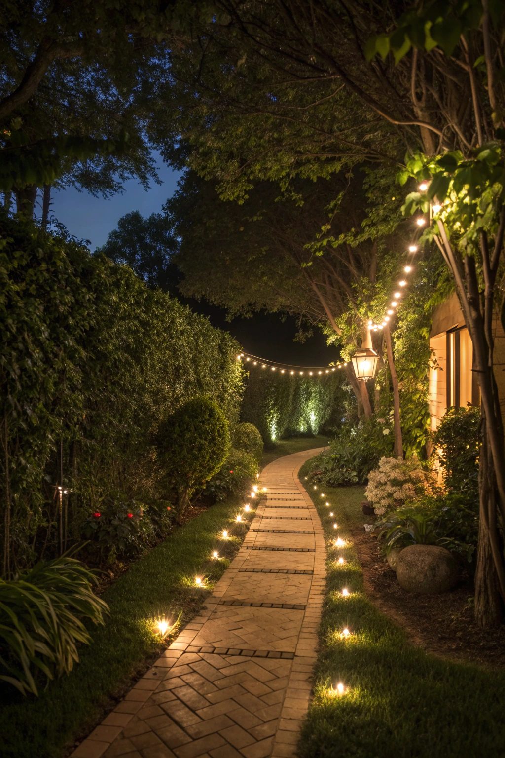Sendero de jardín de noche con luces en el suelo a ambos lados