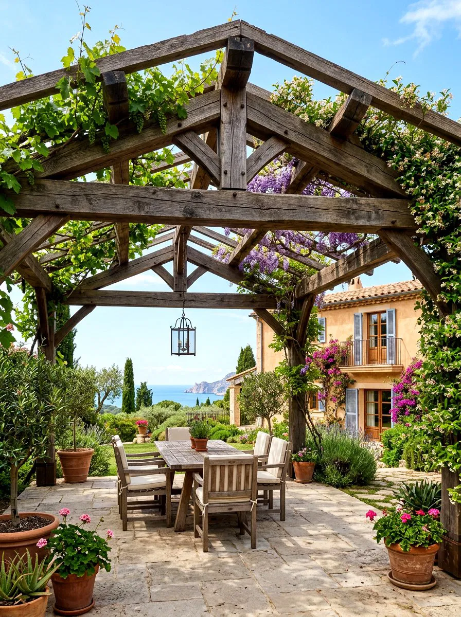 Pérgola de madera con zona de comedor en un jardín mediterráneo