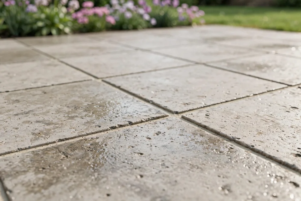 Detalle cercano de un patio con baldosas de piedra de 50×50 ya colocadas, con juntas rectas y uniformes